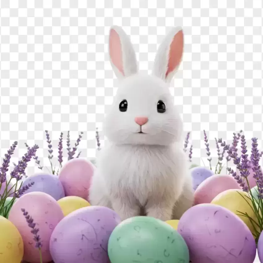 Fluffy White Bunny Sitting Among Colorful Easter Eggs PNG