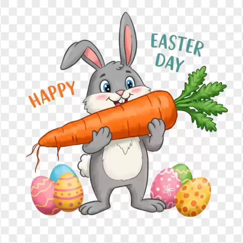 Cartoon Bunny Holding Giant Carrot Easter PNG