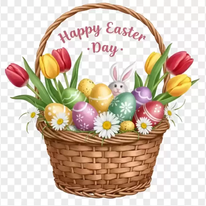 Happy Easter Day Basket with Tulips and Eggs PNG