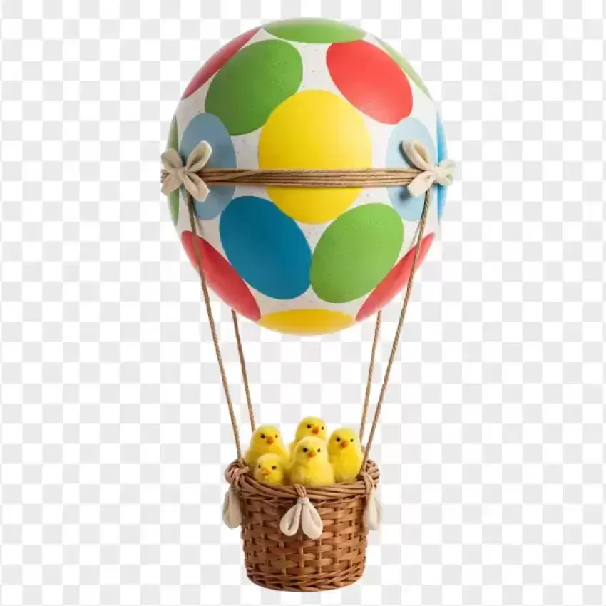 Easter Hot Air Balloon with Chicks in Basket PNG