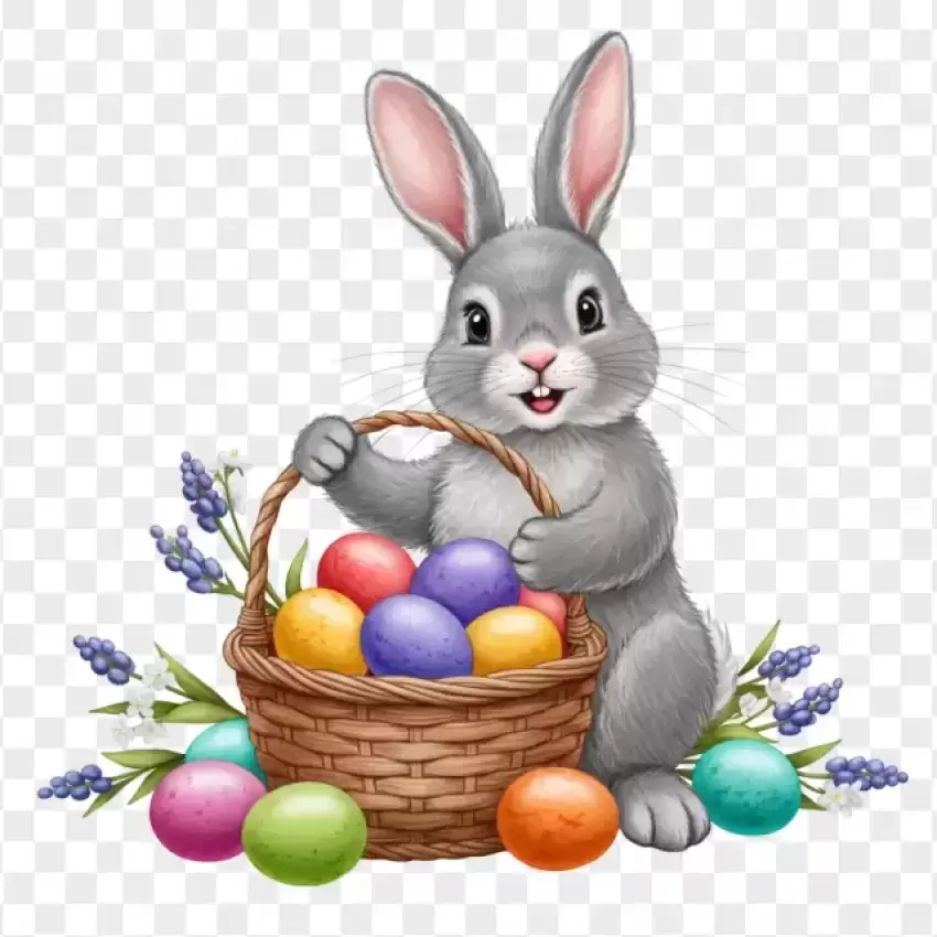 Adorable Bunny Holding Easter Egg Basket PNG