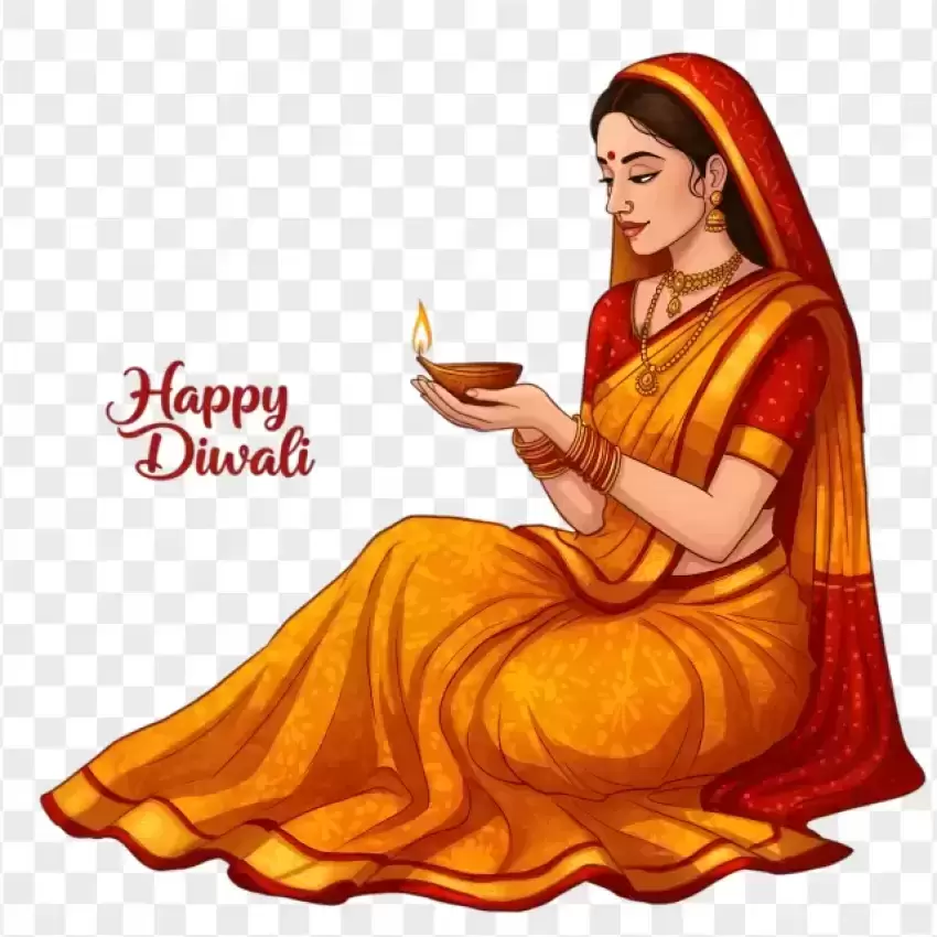 HD Indian Woman Holding Diwali Lamp PNG