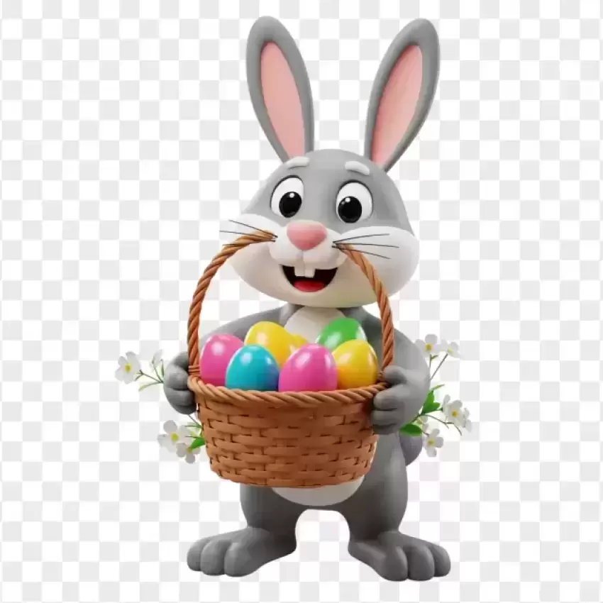 3D Cartoon Easter Bunny Holding Basket of Eggs PNG