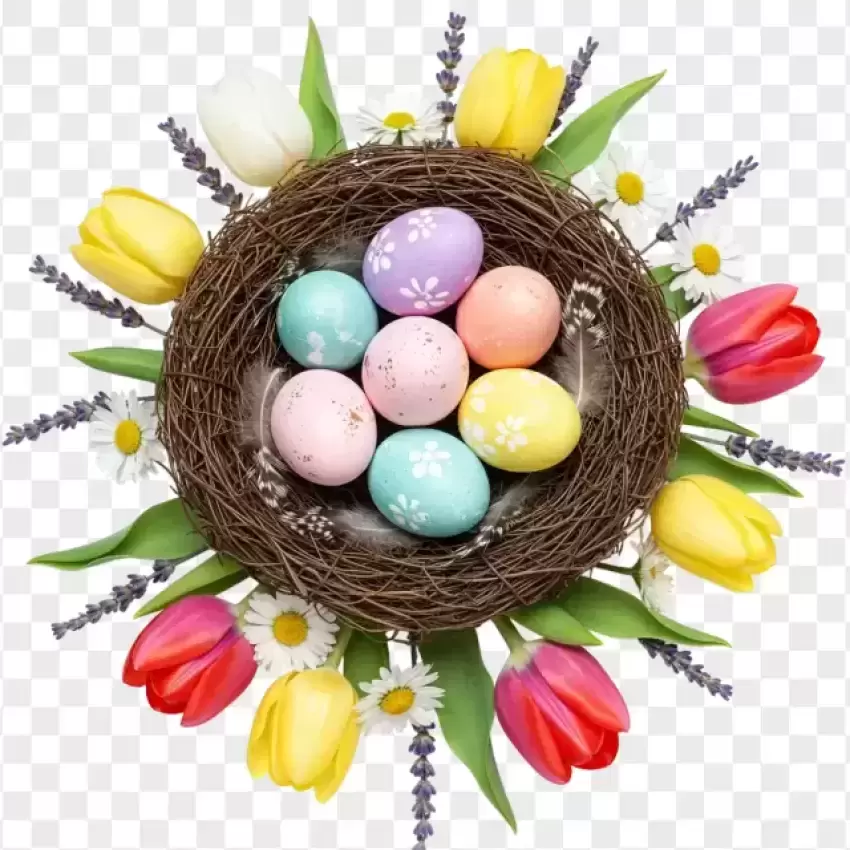 Easter Egg Nest with Tulips and Spring Flowers PNG