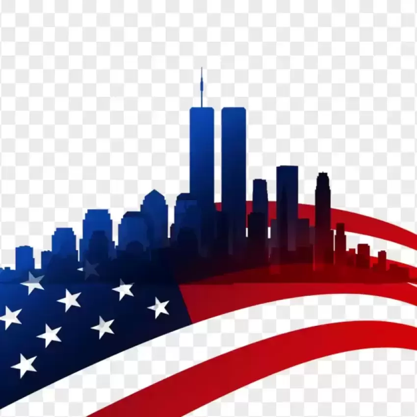 Twin Towers Skyline with American Flag Tribute PNG