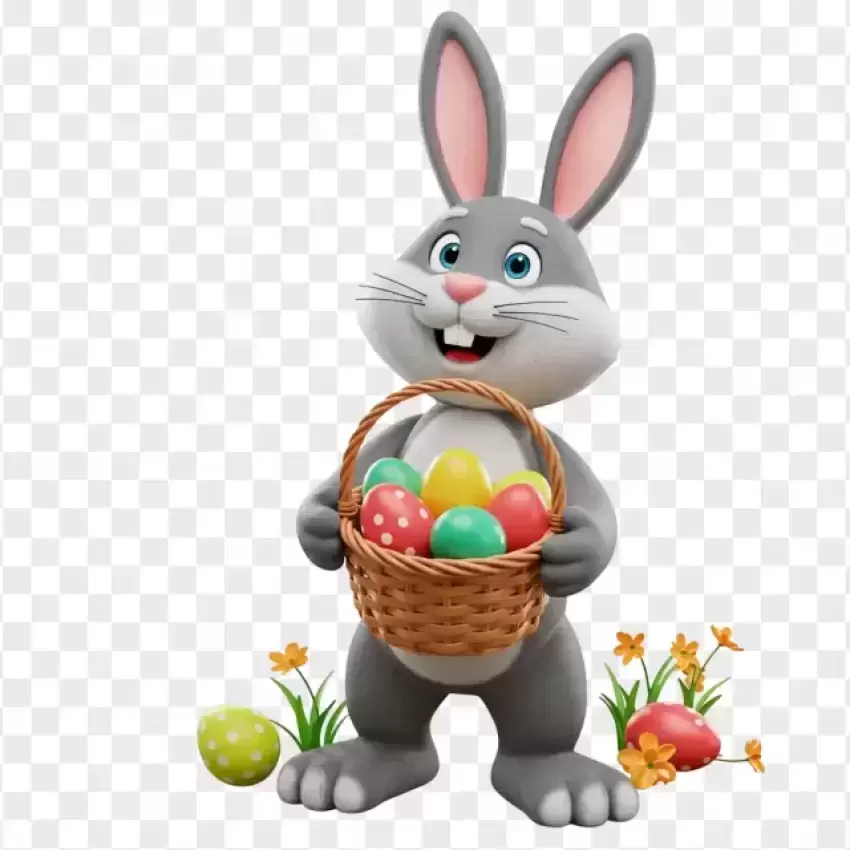 Happy Easter Bunny Holding Basket of Eggs PNG