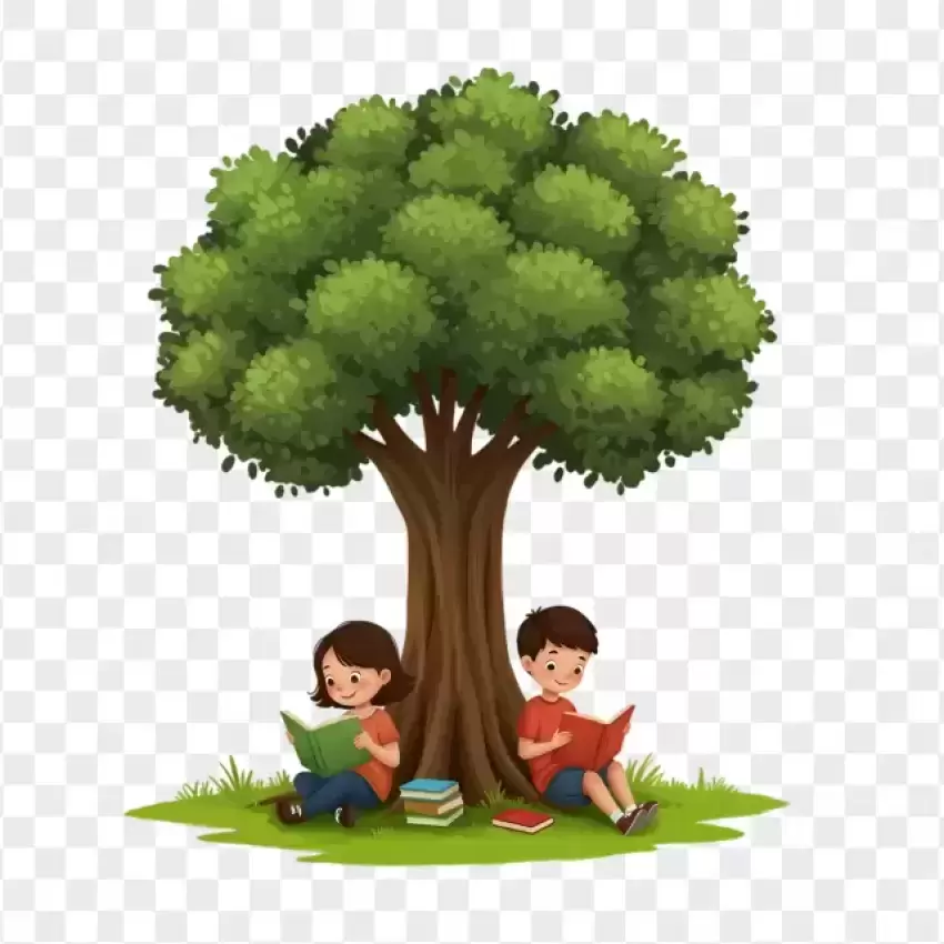 Children Reading Under Tree Illustration PNG