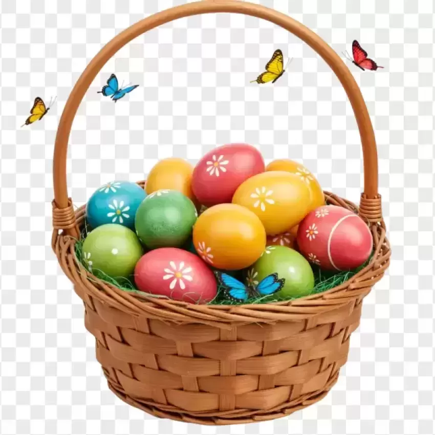 Colorful Easter Egg Basket with Butterflies PNG