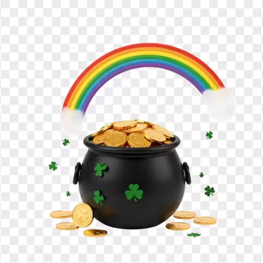 Pot of Gold with Rainbow and Shamrocks PNG