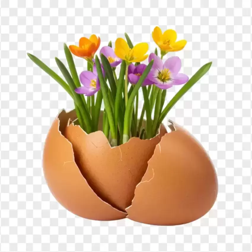 Spring Flowers Growing in Cracked Easter Egg PNG