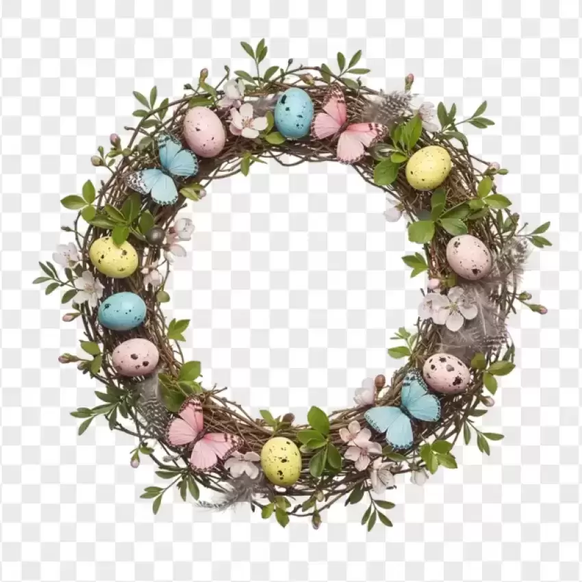 Floral Easter Wreath with Pastel Eggs PNG