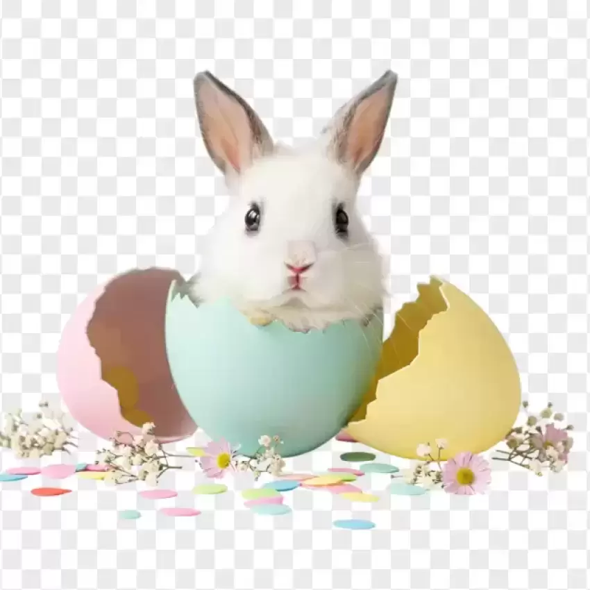 Cute White Bunny in Cracked Easter Egg PNG