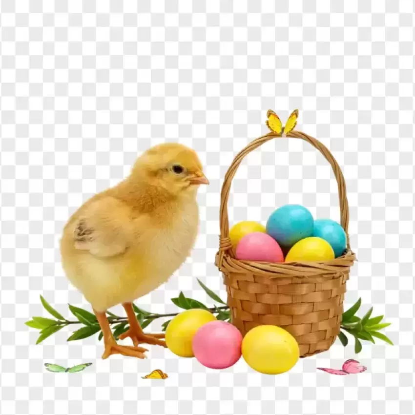 Illustration Little Chick with Easter Basket and Tulips PNG