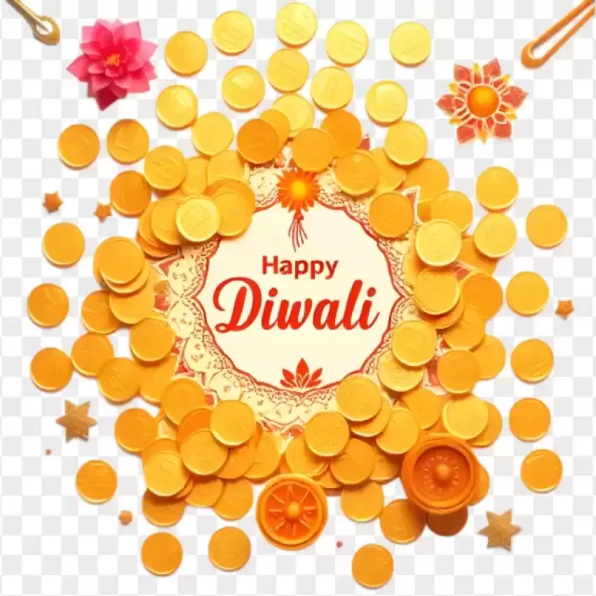 HD Happy Diwali Gold Coins Decoration PNG