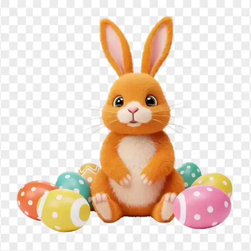 HD Cute Brown Bunny with Easter Eggs Transparent PNG