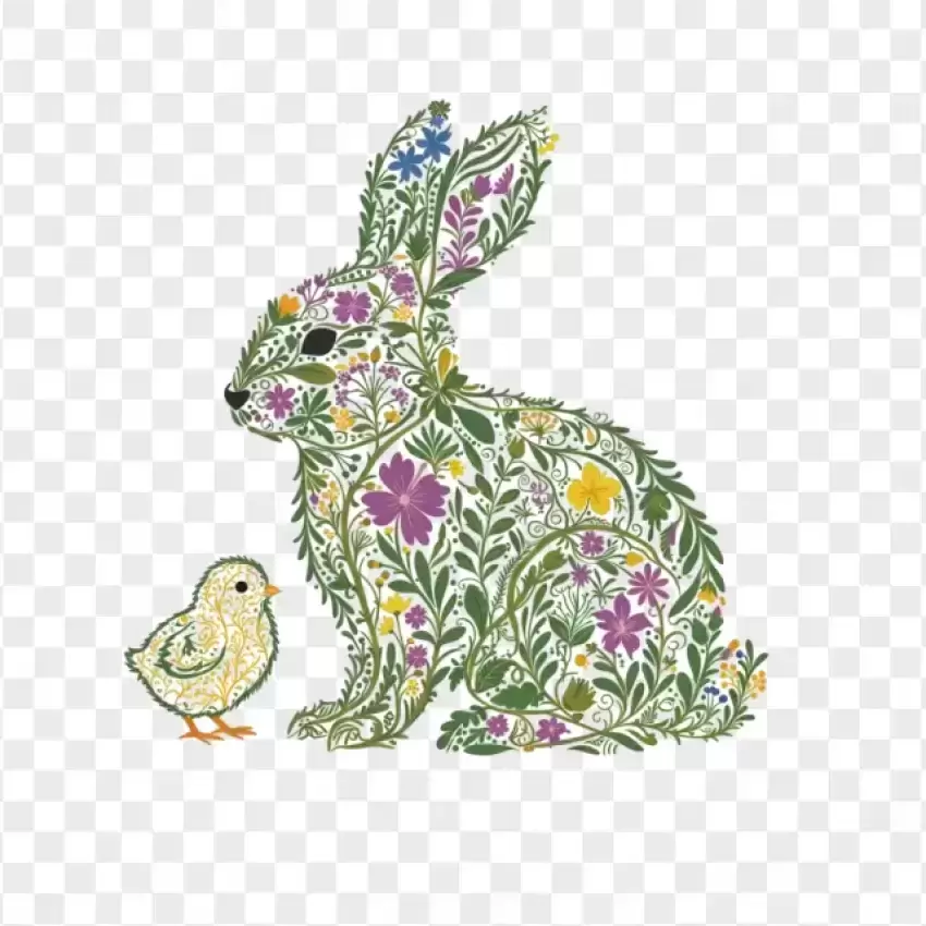 Vector Floral Easter Bunny Silhouette with Chick PNG