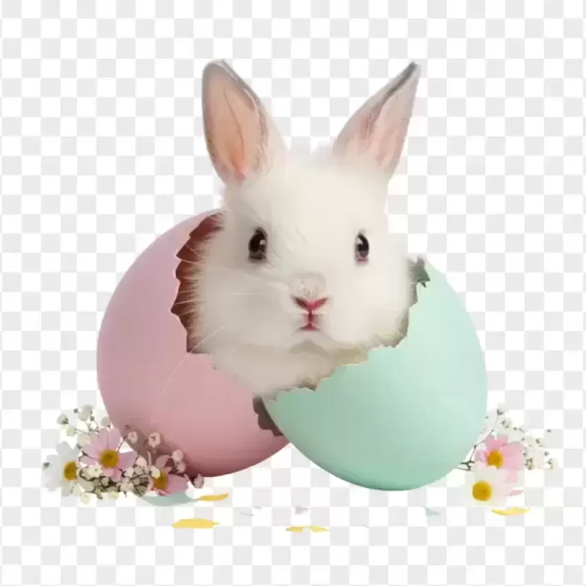 Clipart White Bunny Emerging from a Cracked Pastel Egg PNG