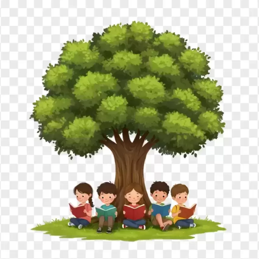 Children Reading Under Tree Educational Illustration