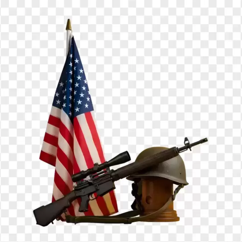 Military Rifle and Helmet with USA Flag PNG