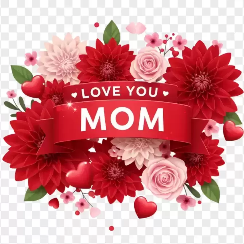 Love You Mom Floral Ribbon Design PNG