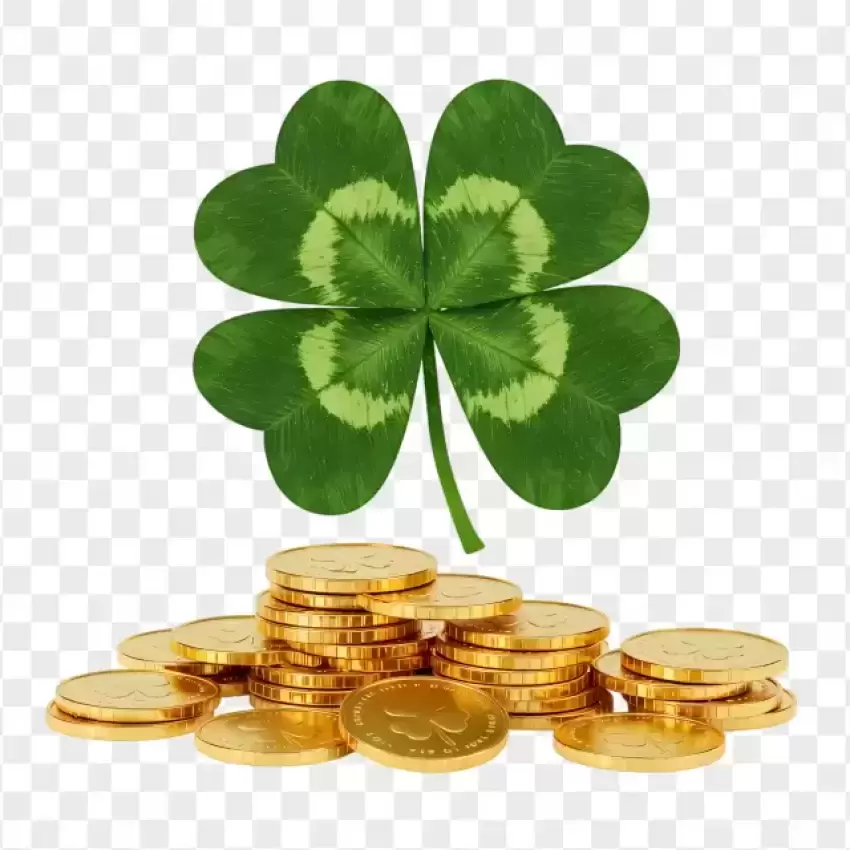 Four-Leaf Clover with Gold Coins PNG