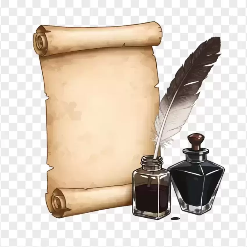 Ancient Scroll with Ink Bottle PNG