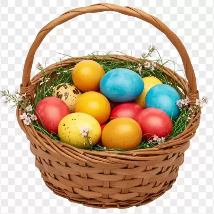 HD Traditional Wicker Basket with Colorful Easter Eggs PNG