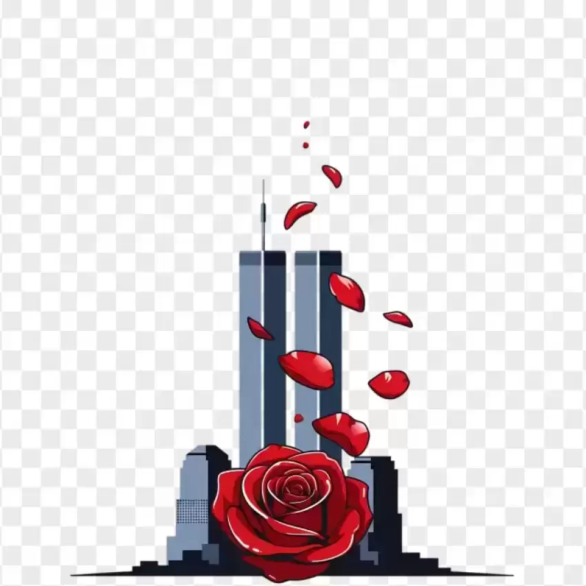 Twin Towers Memorial with Red Rose PNG