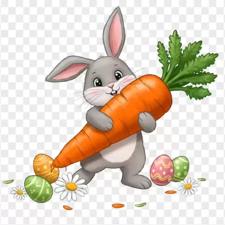 Clipart Cartoon Bunny Holding a Big Carrot Easter PNG