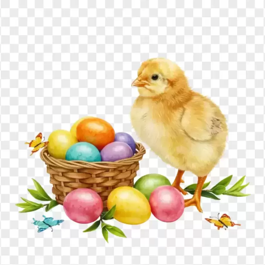 HD Little Chick with Easter Basket and Painted Eggs Transparent PNG