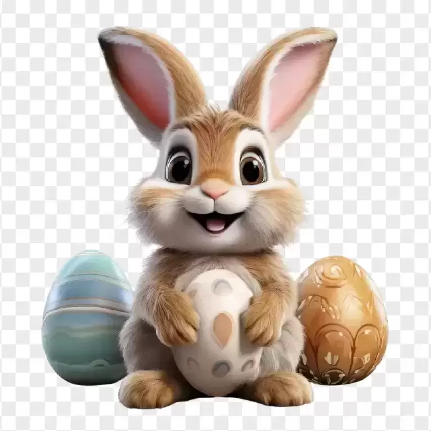 Vector Easter Bunny Sitting with Golden and Blue Eggs PNG