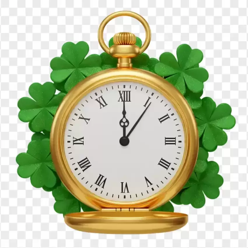 Vintage Gold Pocket Watch with Shamrocks PNG