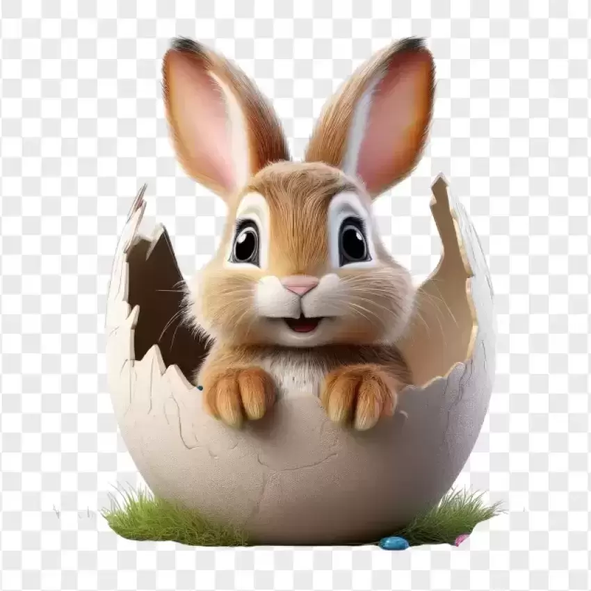 HD 3D Bunny Peeking from Broken Egg PNG