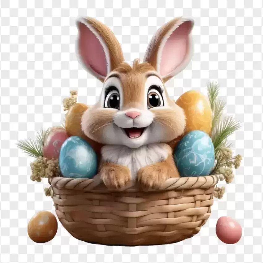 HD 3D Bunny in Easter Egg Basket PNG