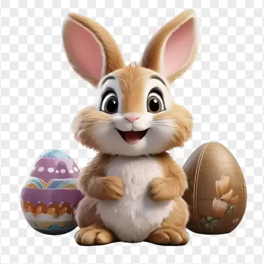 HD 3D Easter Bunny Sitting with Eggs PNG