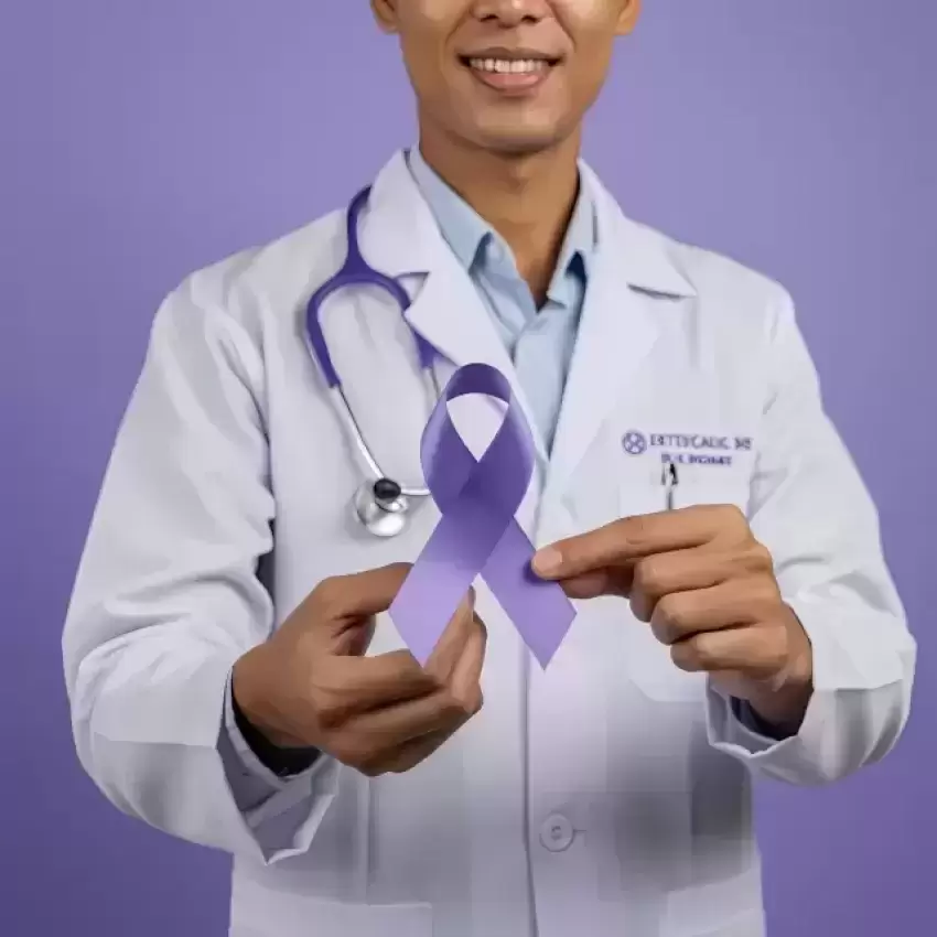 Doctor Supporting Cancer Awareness with Purple Ribbon