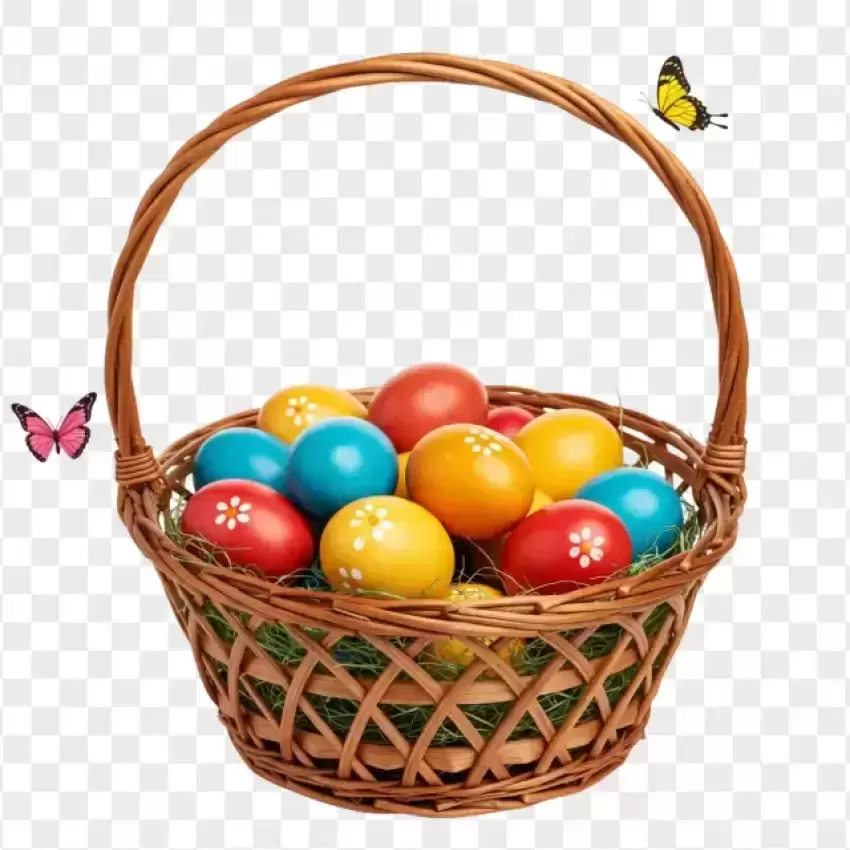 HD Wicker Basket with Colorful Easter Eggs PNG