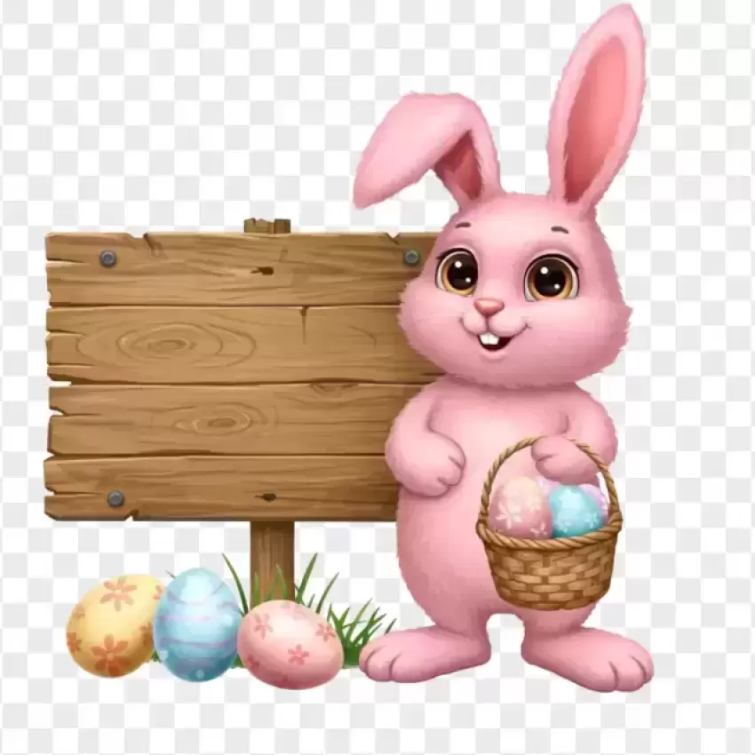 HD Easter Eggs and Bunny Near Wooden Board PNG