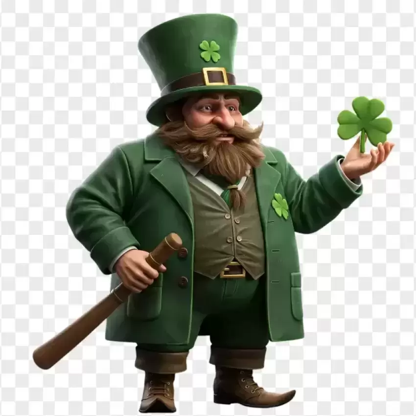 Bearded Leprechaun Holding a Wooden Stick PNG