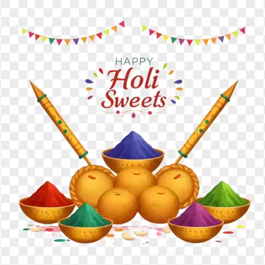 Happy Holi Sweets with Colorful Powders PNG