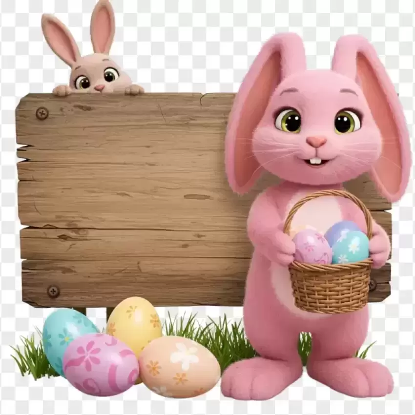 HD Pink Bunny Holding Wooden Board PNG