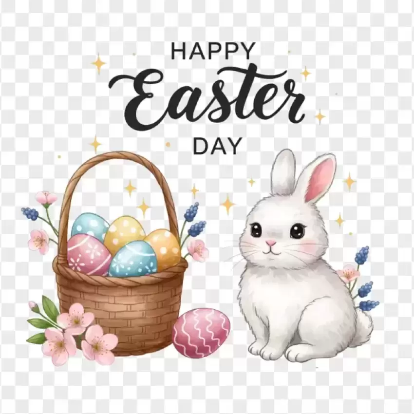 HD Easter Basket with Bunny and Flowers PNG