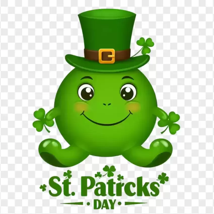 Smiling Green Shamrock Character with Hat PNG