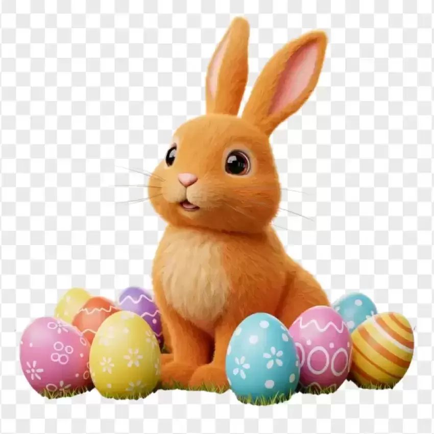 HD Cute Brown Bunny with Easter Eggs PNG