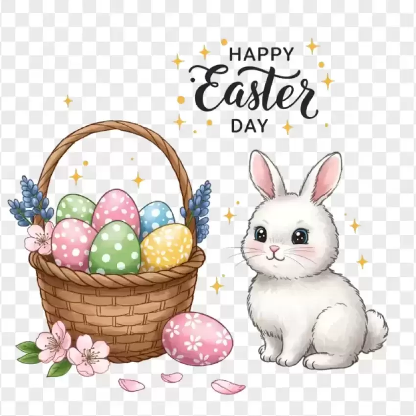 HD Easter Basket with Eggs and White Bunny PNG