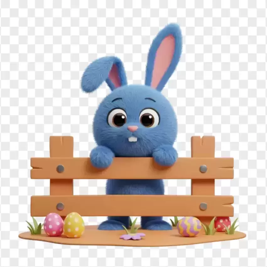 HD Blue Bunny Sitting on Wooden Fence PNG