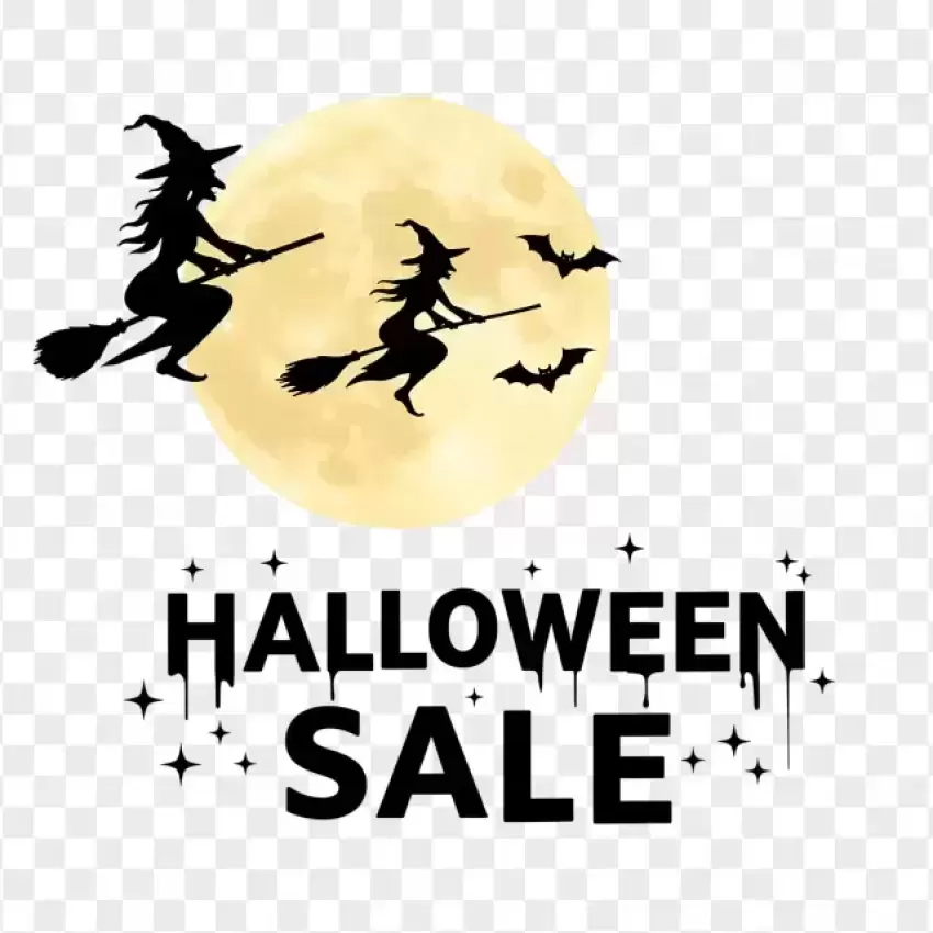 Halloween Sale with Flying Witches on Transparent Background