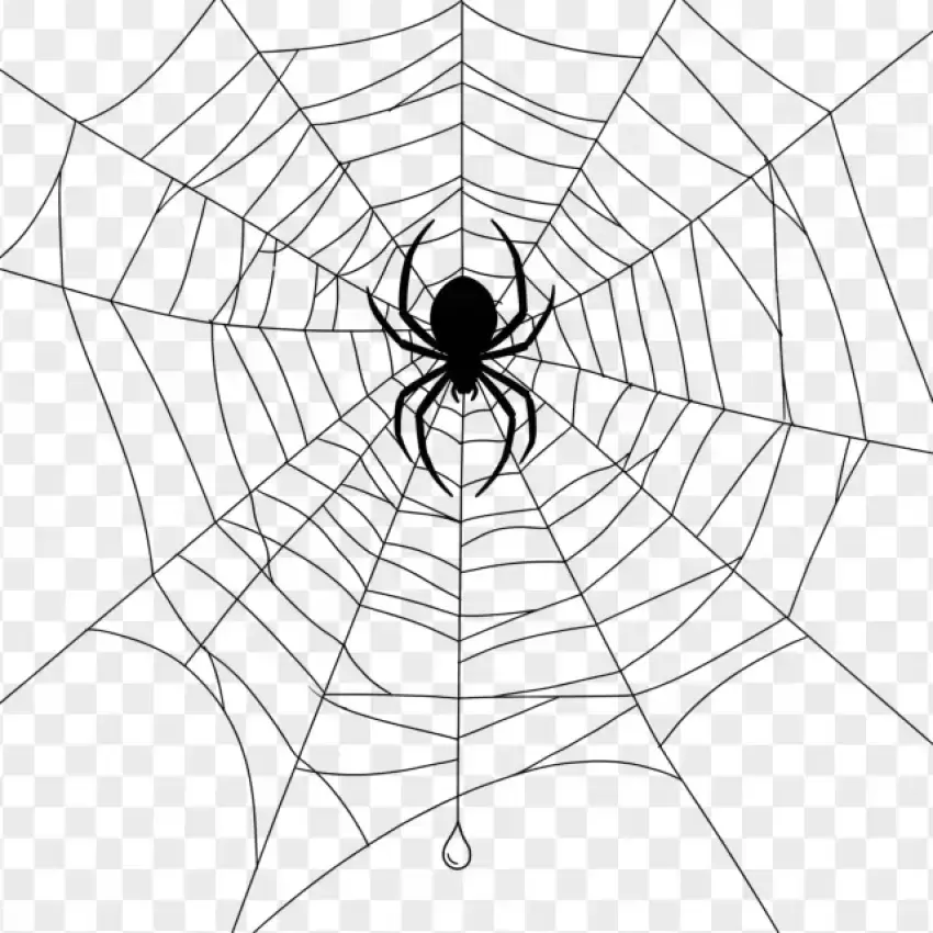 Spider Web with Creepy Spider on Transparent Background