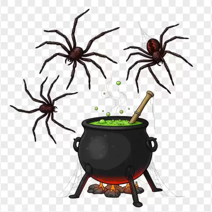 Spiders with Green Potion Cauldron on Transparent Background