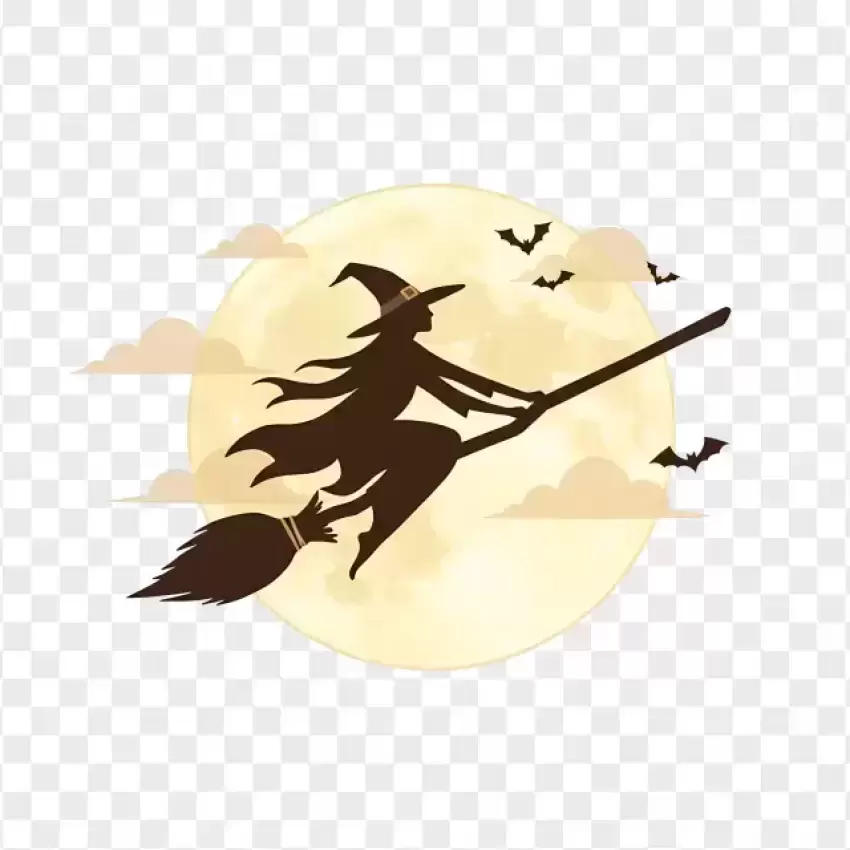 Flying Witch with Full Moon on Transparent Background